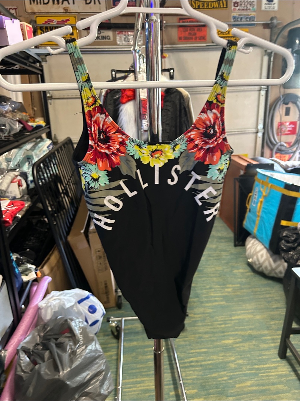 Hollister Black One-Piece Swimsuit with Red & Yellow Floral Trim